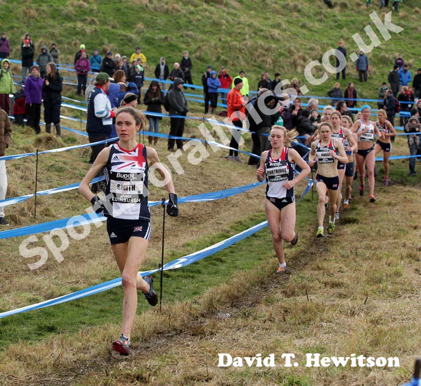 Rosie Smith (GB) with just behind Lily Partridge and Freya Ross during the Senior Womens BUPA Great Edinburgh Cross country.